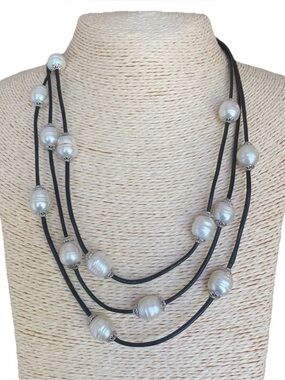Lucas Lameth Multi Strand Freshwater Pearl Leather Necklace Sterling Clasp